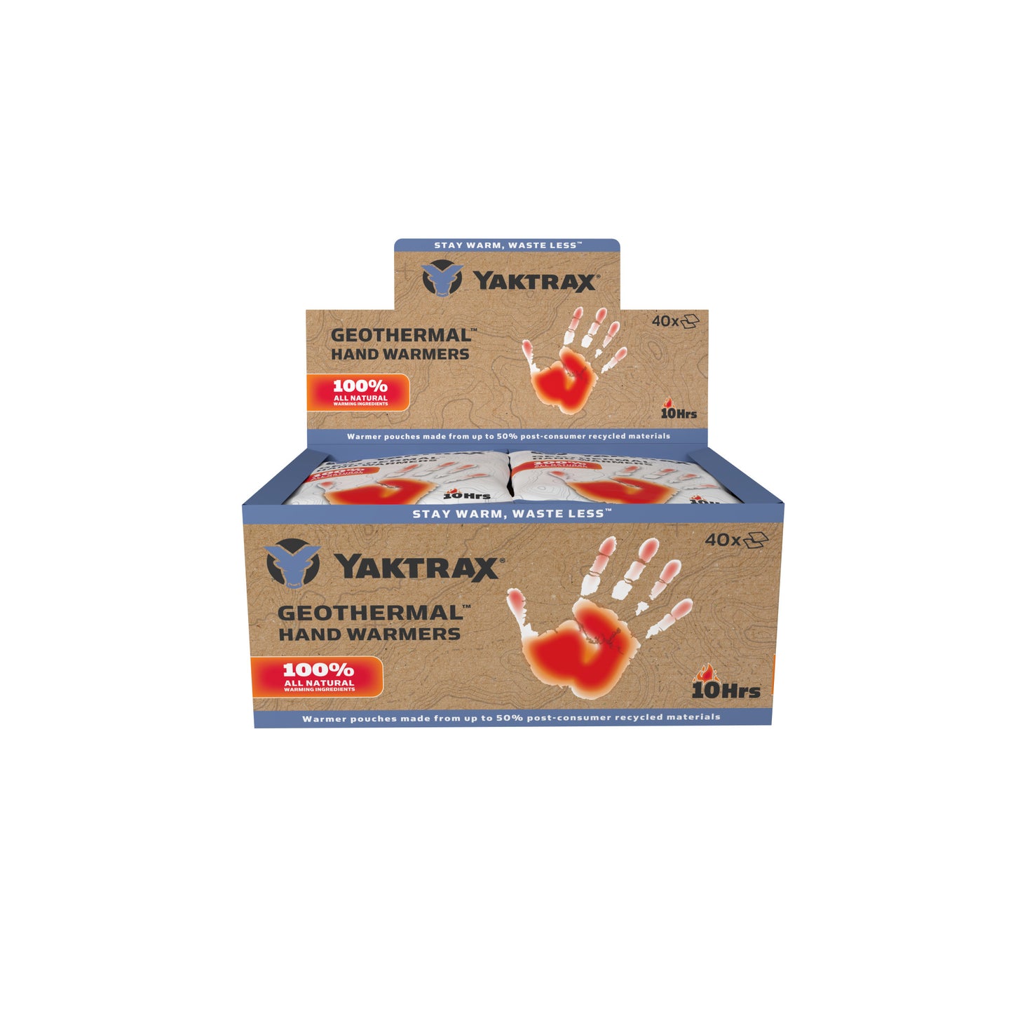 Hand warmers heat up in packaging made from recycled materials at retail display.