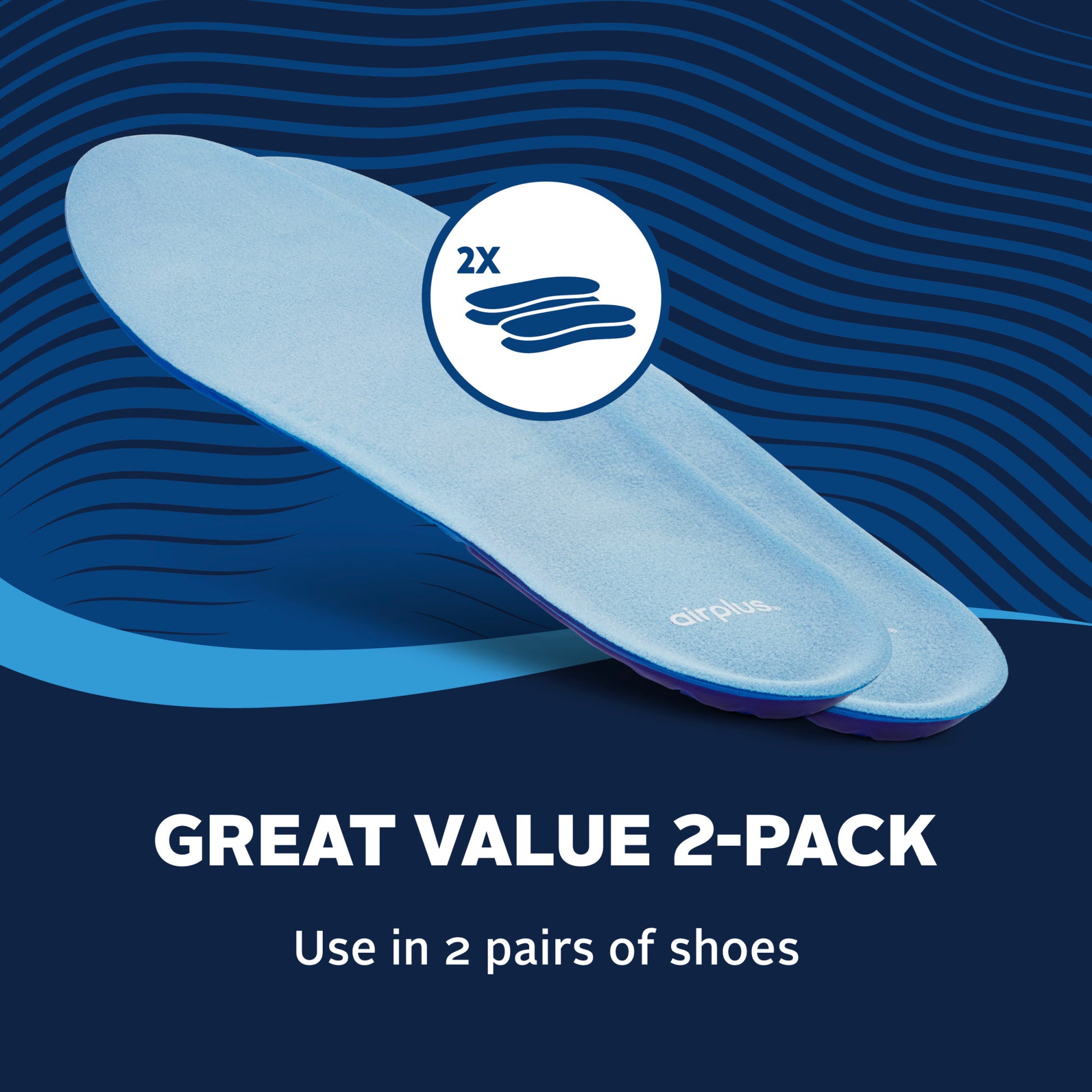 A light blue insoles with "air plus" written, suggests they are designed for shoe comfort, in a product packaging.
