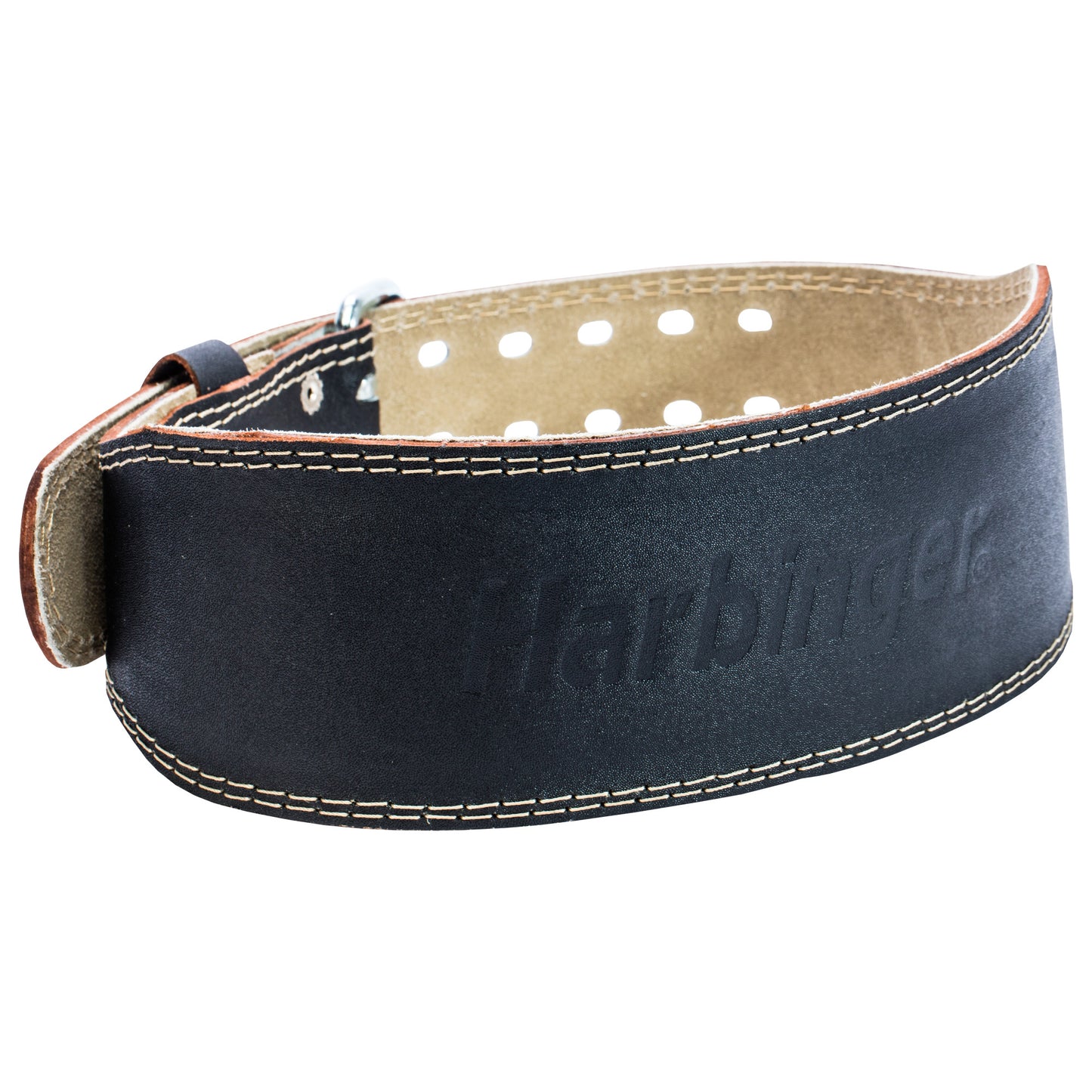 A black leather collar with the brand name Harbingers engraved on it lies on a white background.