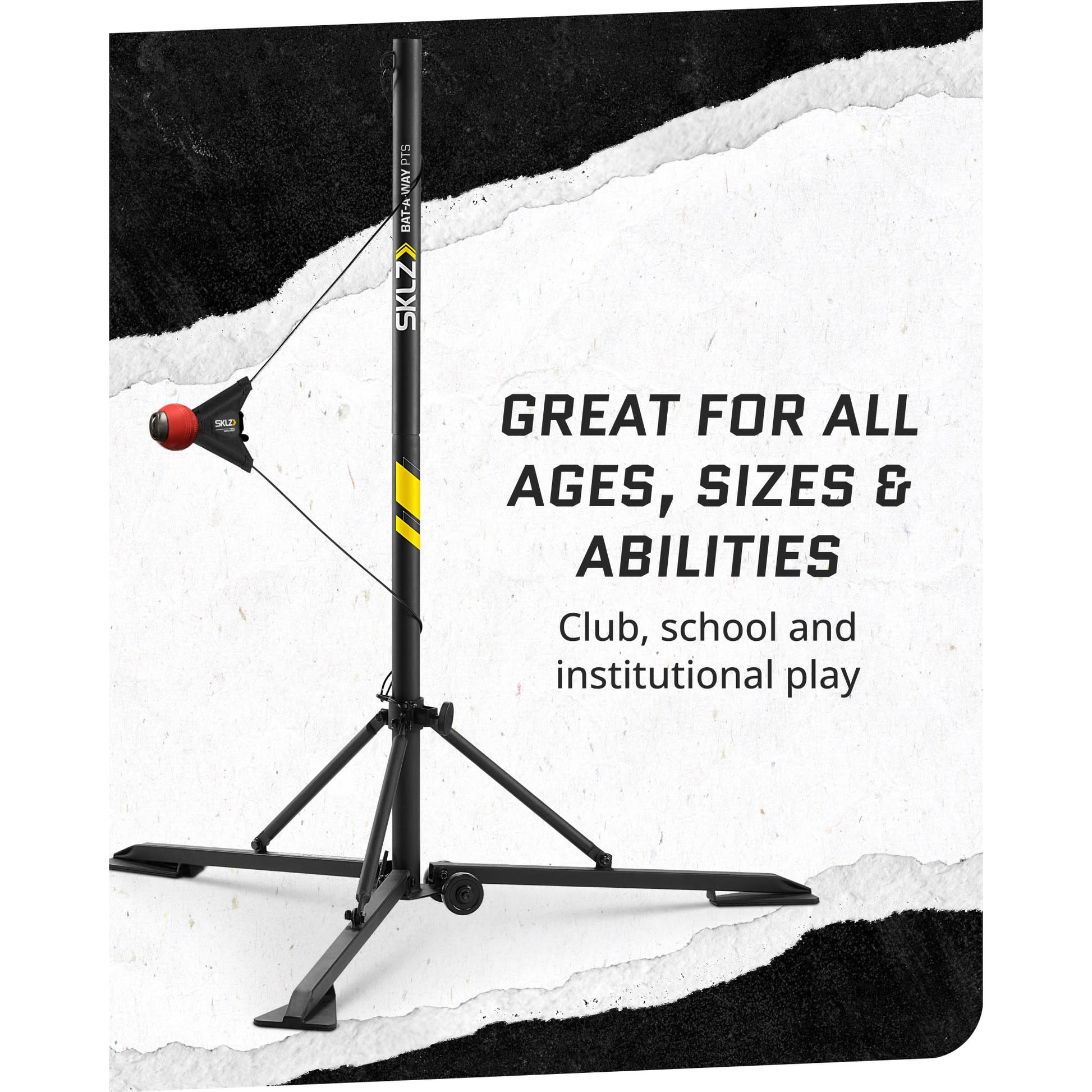 Image of SKLZ Cricket Bat-a-Way PTS swing trainer on a white background with overlay text highlighting great for all ages, sizes and abilities