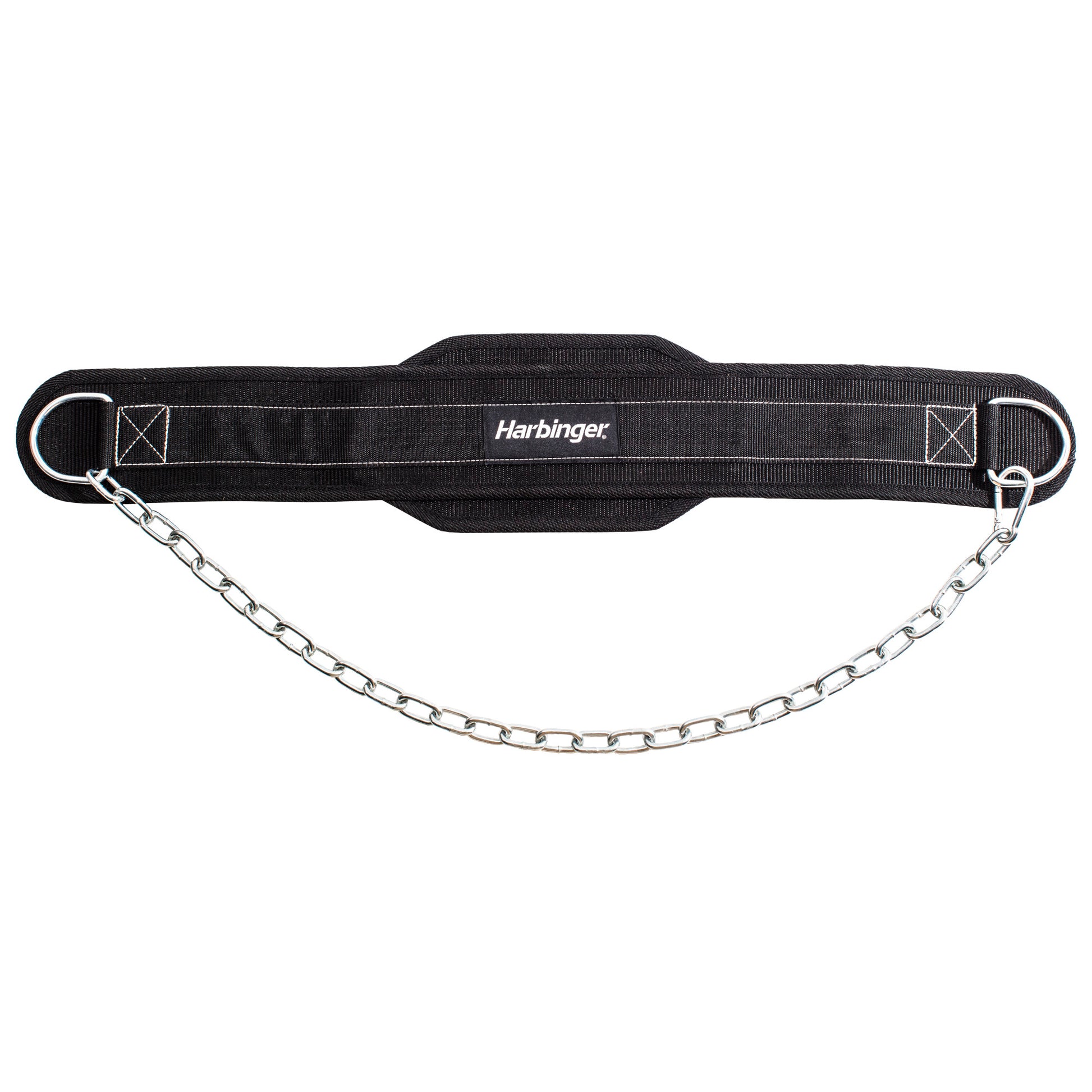 A weightlifting belt with a chain attaches for added support in a gym setting