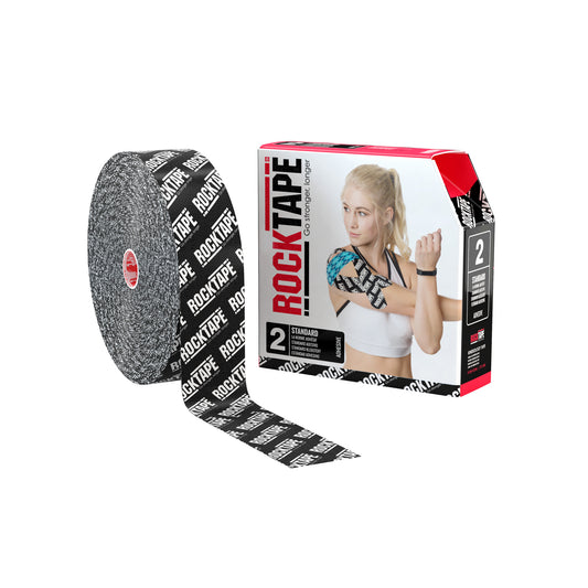The roll of rock tape is displayed beside its packaging featuring a woman with an arm brace in a gym setting