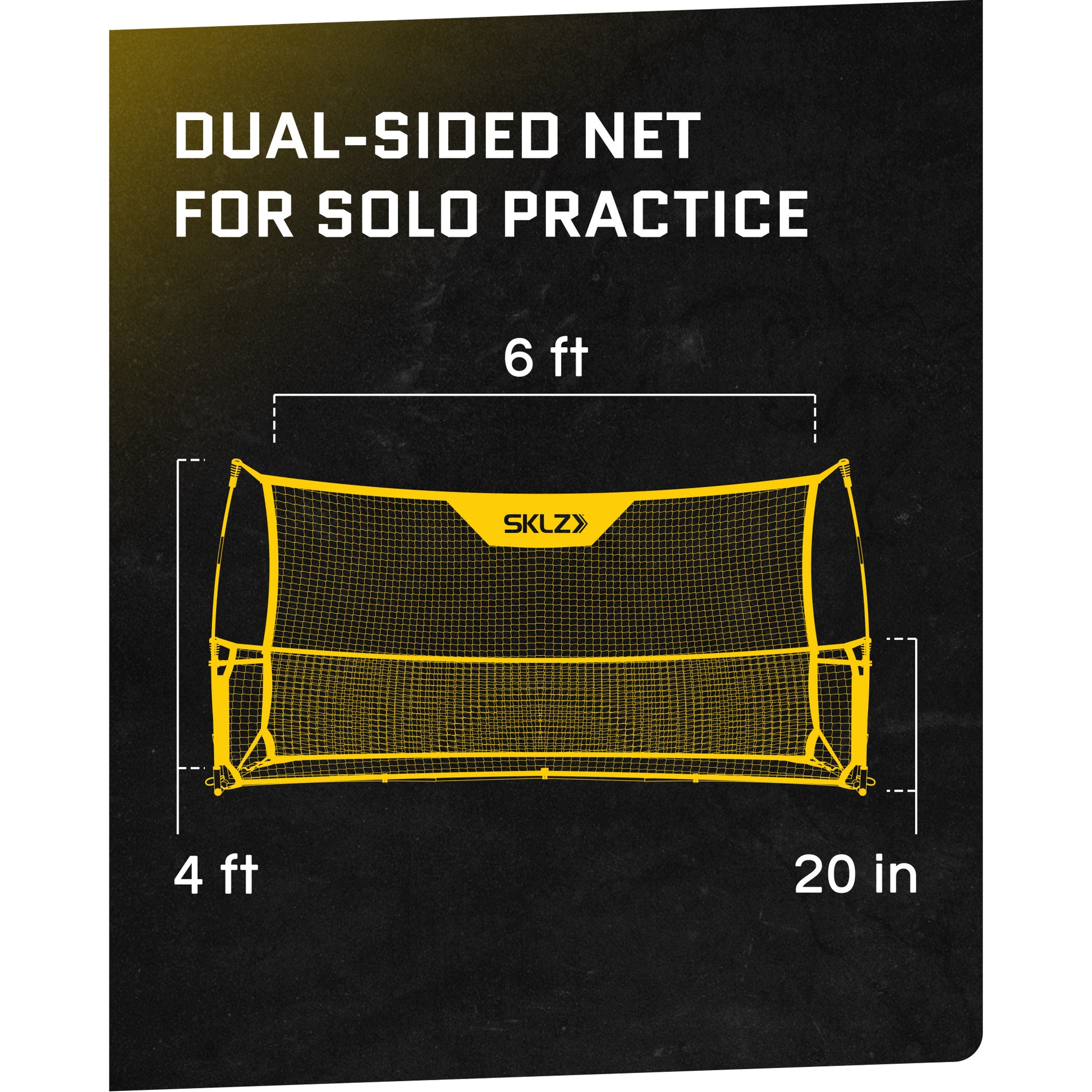 Yellow dualsided net for solo practice is set up indoors measuring 6 feet by 4 feet