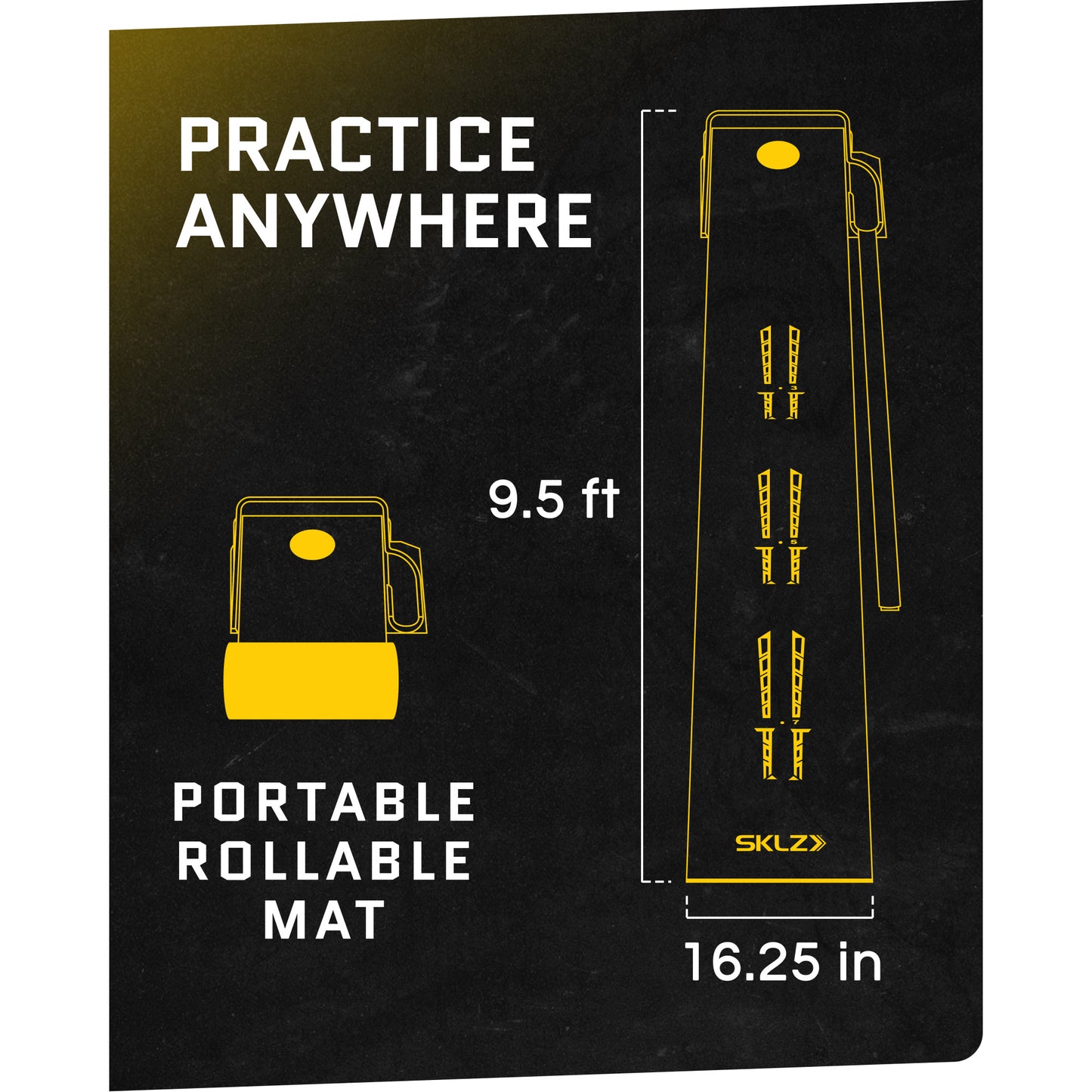 Portable rollable mat is shown with a size of 1625 inches by 95 feet for practice anywhere