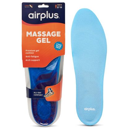 A blue comfort gel insole is displayed next to its packaging, intended for shoe cushioning and support.