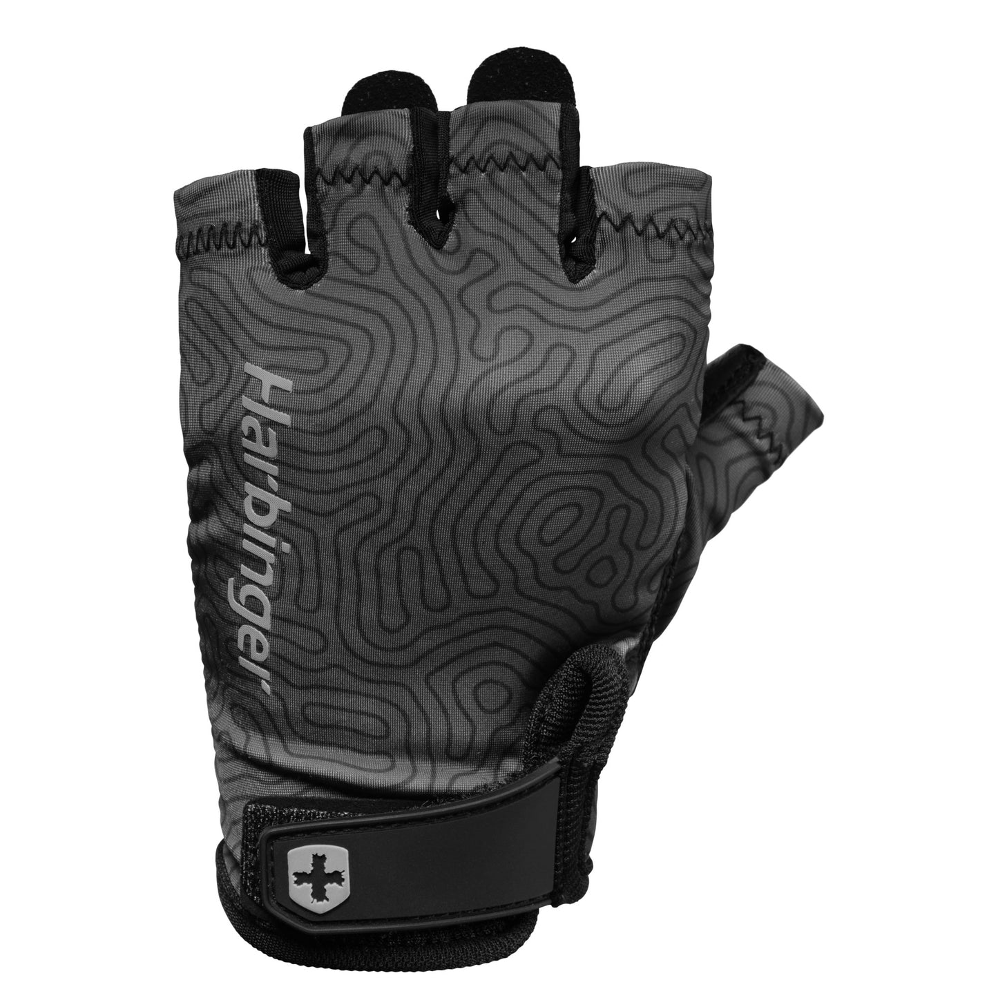A fingerless glove with a textured pattern and adjustable strap for hand protection.