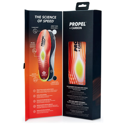 The shoe insoles float inside packaging with a black, red, and white design on a black background.