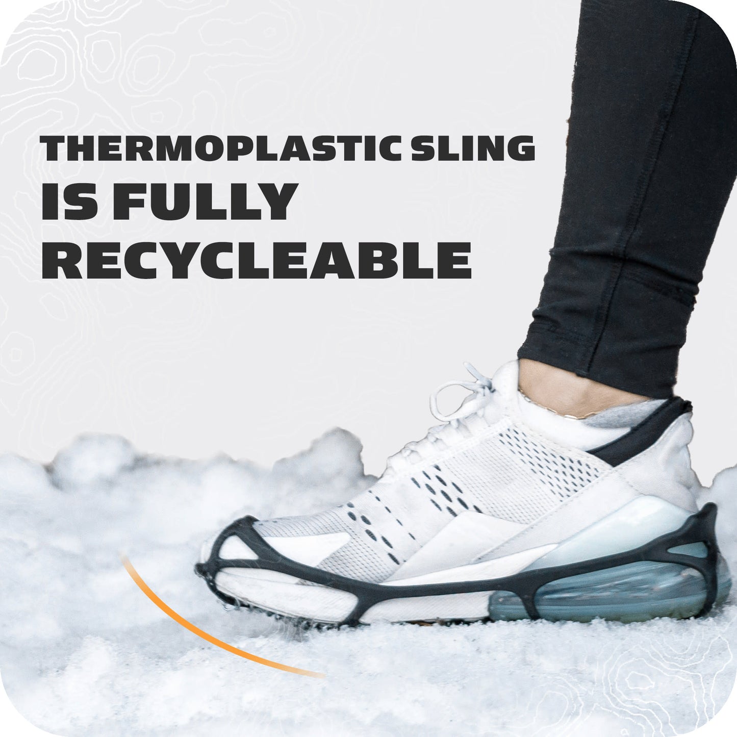 A sneaker wears a thermoplastic sling on snow in a promotional image highlighting recyclability