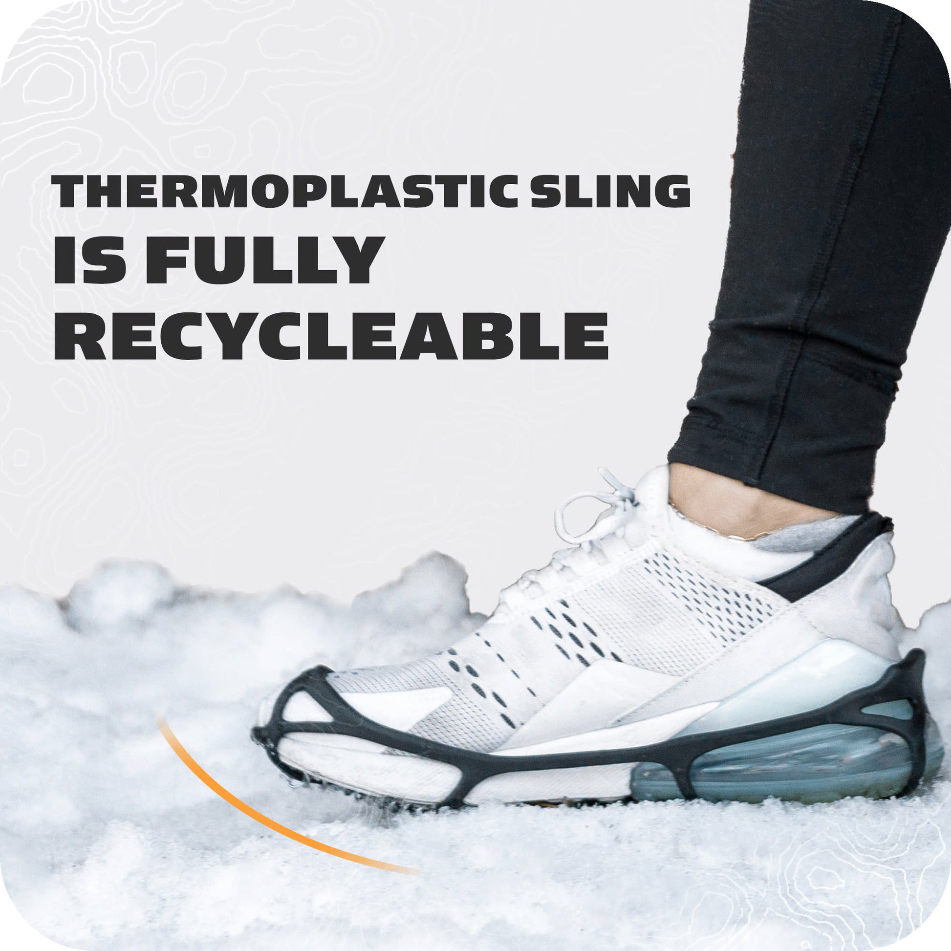 A sneaker wears a thermoplastic sling on snow in a promotional image highlighting recyclability