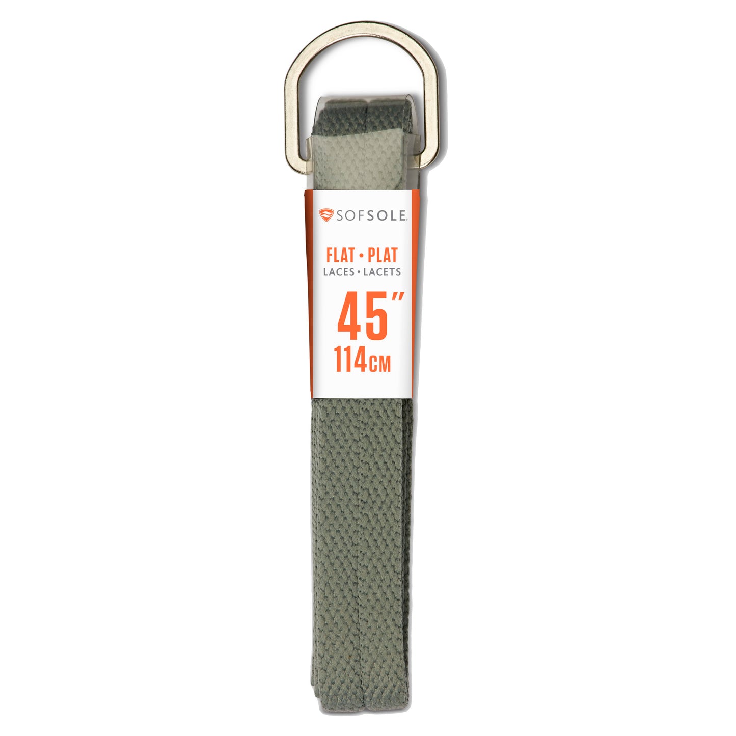 A soft strap with metal loop extends to hold laces for 45-inch shoes on a white background.