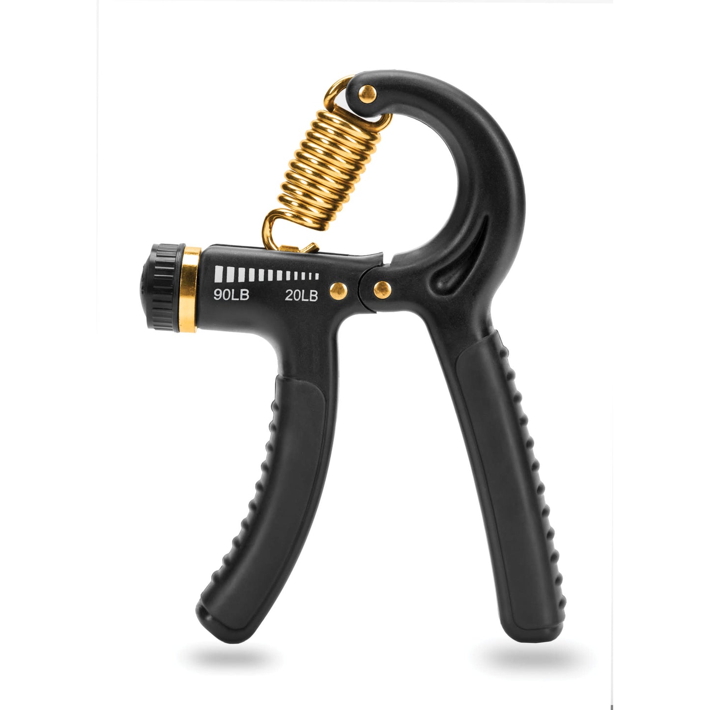 A hand gripper exercises grip strength in a gym setting for fitness training