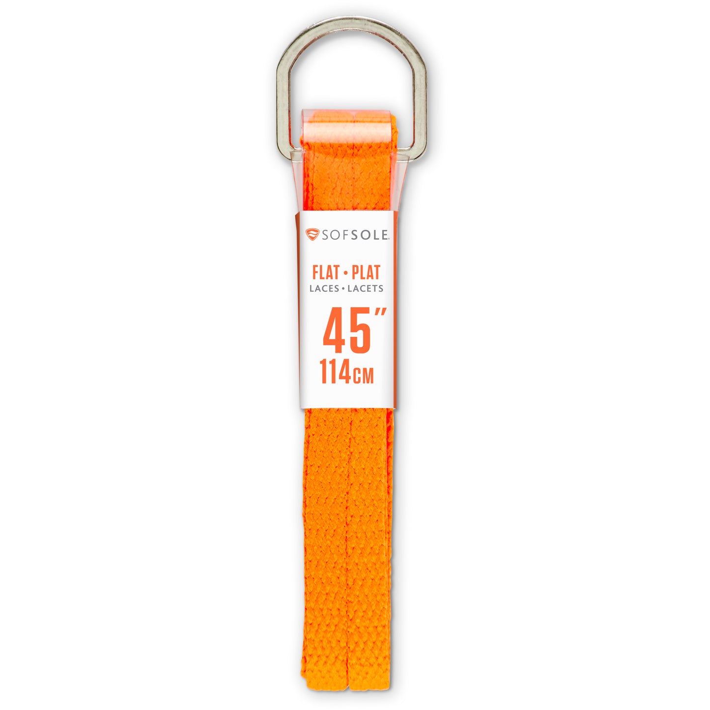 Orange strap with metal ring hangs on a white background, labeled for footwear fitting.