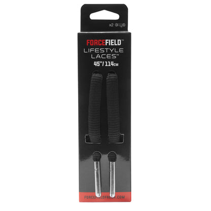 Laces connect to shoe eyelets for securing footwear on a retail box.