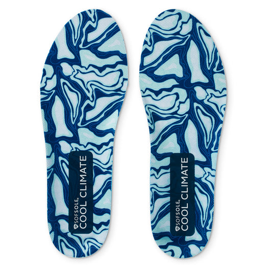 Pair of insoles with blue abstract patterns for climate protection and comfort.