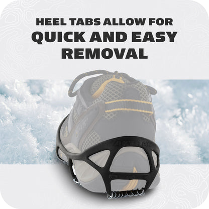 Shoe on snow with heel tabs for quick removal in an outdoor winter setting