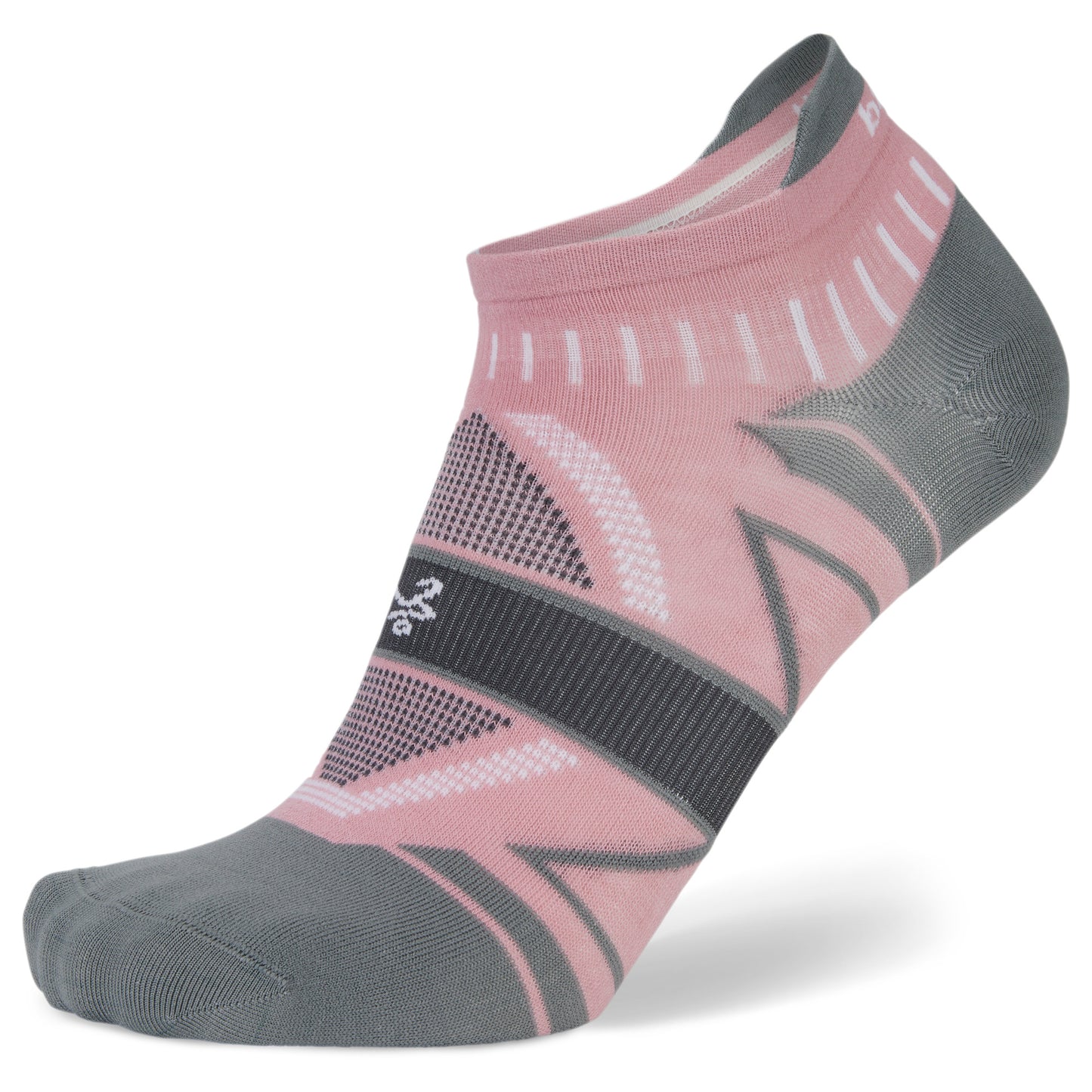 A pink and gray athletic sock with a black band and ventilation mesh on a plain white background