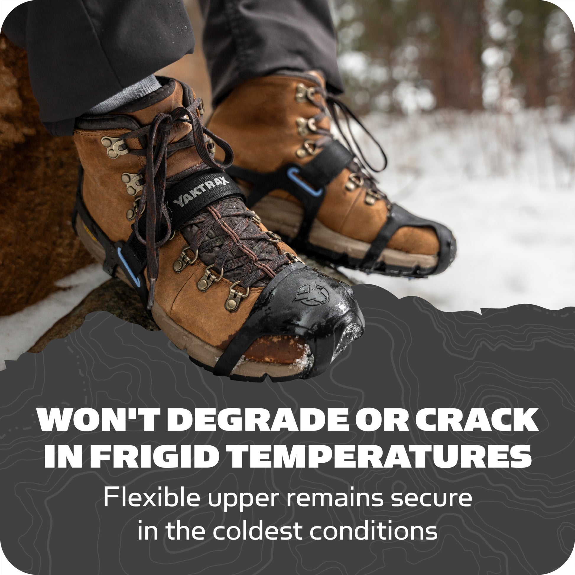 Boots with traction devices step on snow near trees.