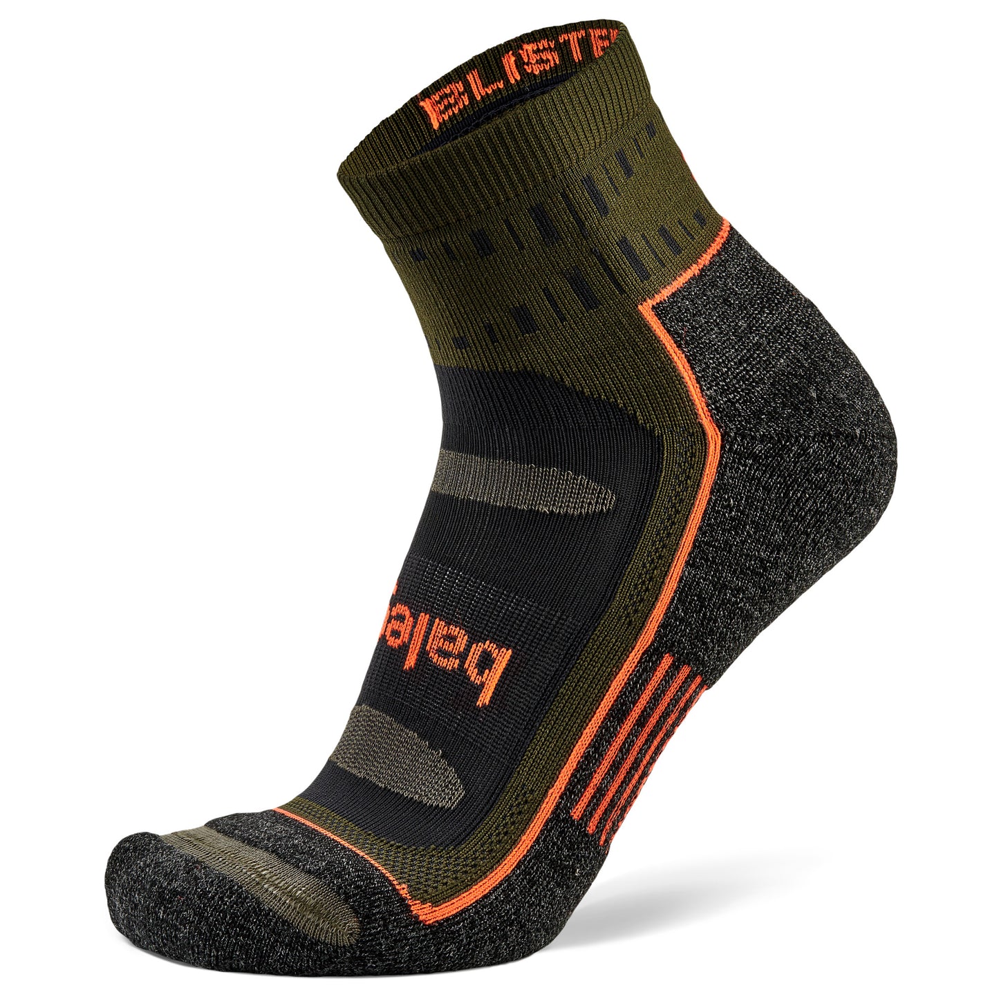 A sports sock features black, gray, and green colors with orange accents in a foot-shaped form.