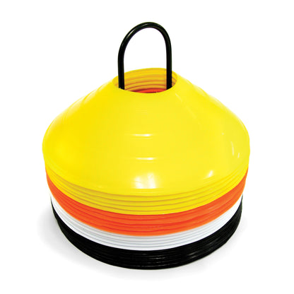 Stacked traffic cones are arranged in a cone shape on white background