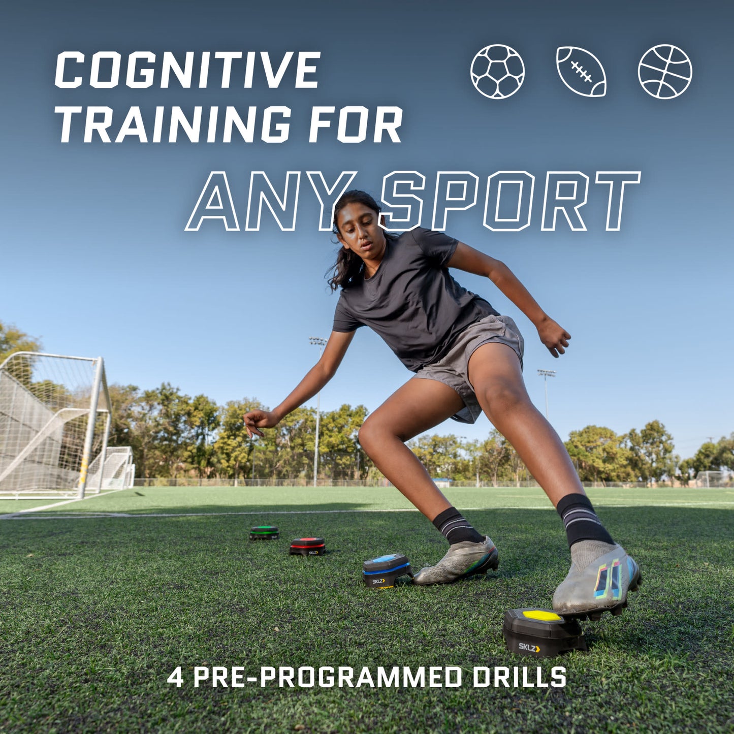 Athlete uses preprogrammed drills on field for cognitive training in sports practice