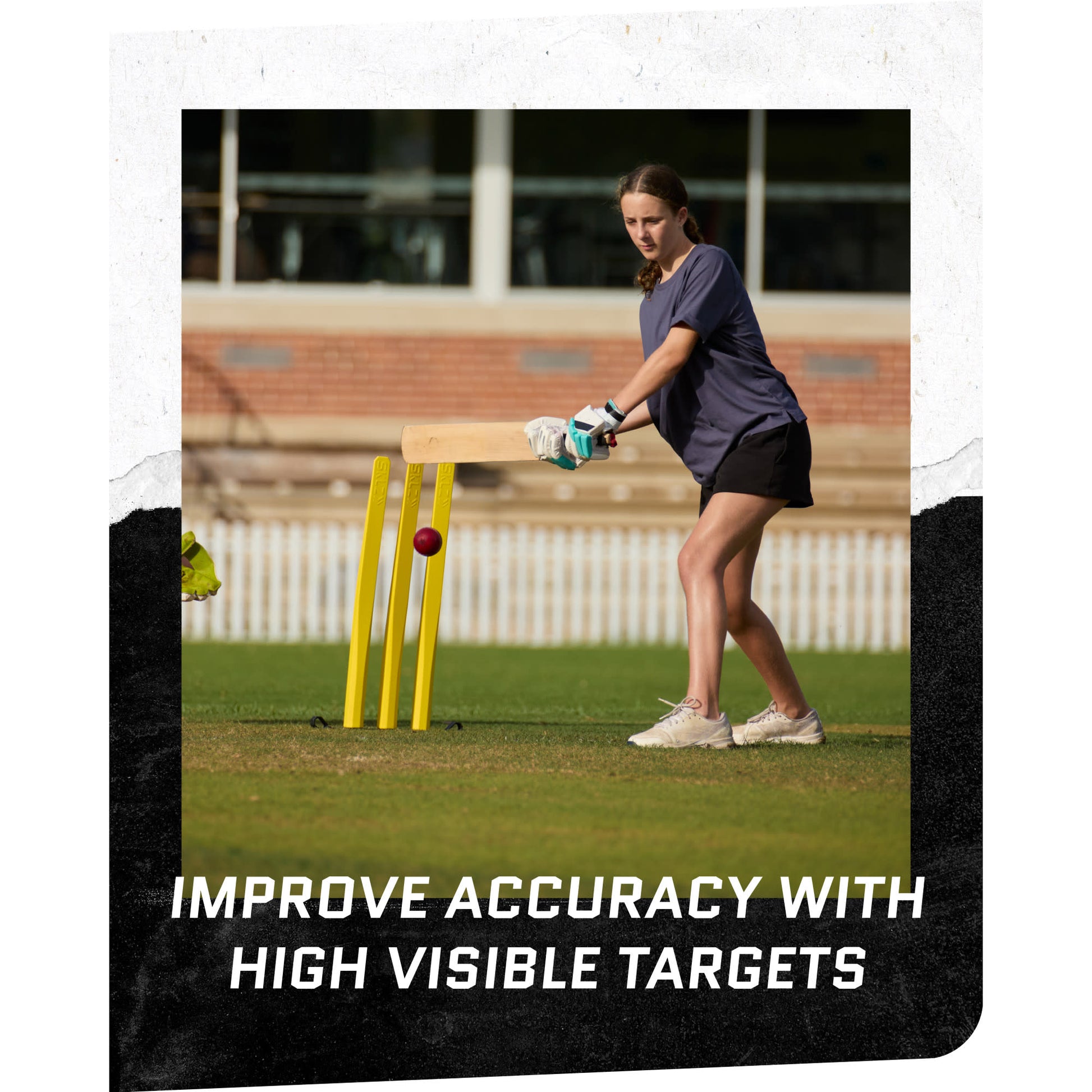Action shot of female using Cricket 3 Stumps Flexi-Set with overlay text highlighting using the high visible targets