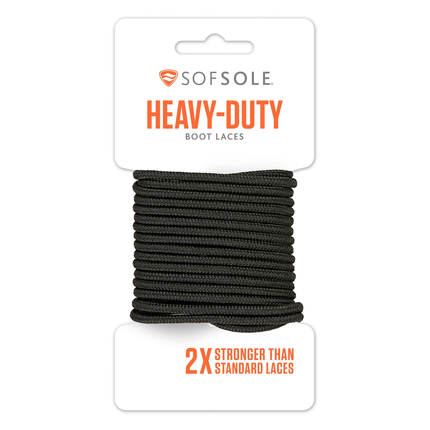 Heavy-duty boot laces secure footwear in retail packaging with branding and claim of twice the strength.