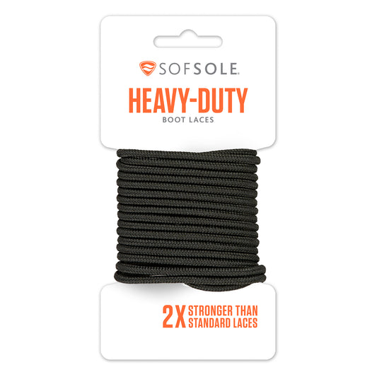 Heavy-duty boot laces secure footwear in retail packaging with branding and claim of twice the strength.