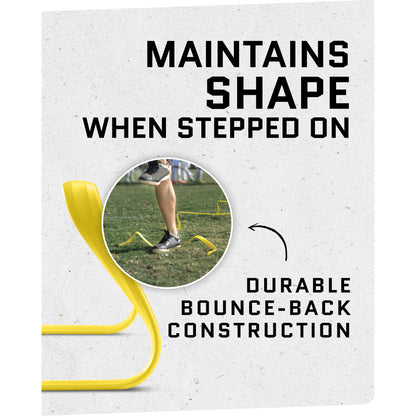 Close-up action shot of person stepping on SKLZ 6X Hurdle with overlay text highlighting durable bounce-back construction