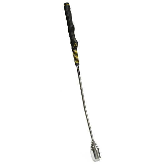 A telescopic magnetic pickup tool extends to retrieve metal objects in workshop environment