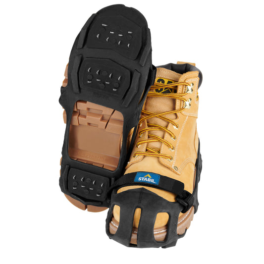 Work boots with protective steel toe and rubber toe cap on a white background.