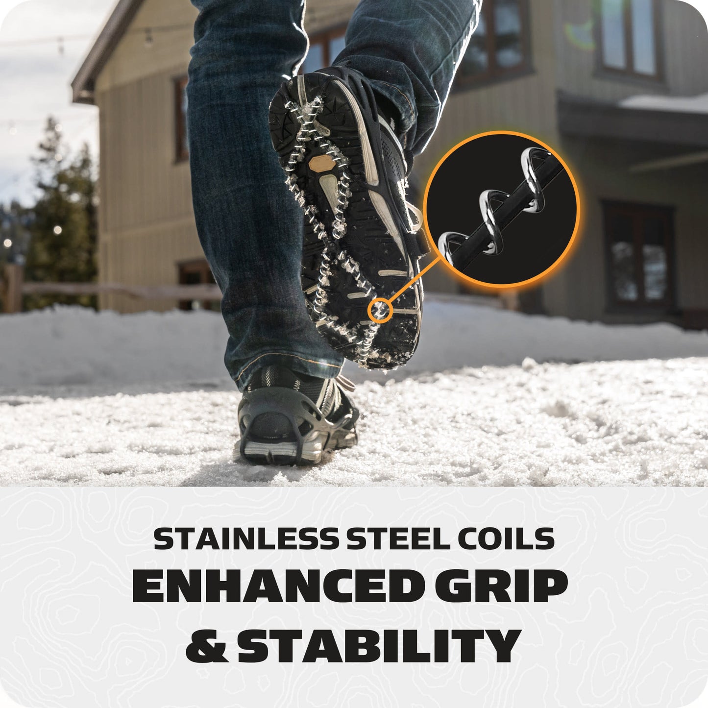 Shoe with stainless steel coils providing enhanced grip and stability on snow terrain