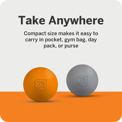 Clusters of balls sit on an orange surface, promoting portability for bags, gym, or purses.