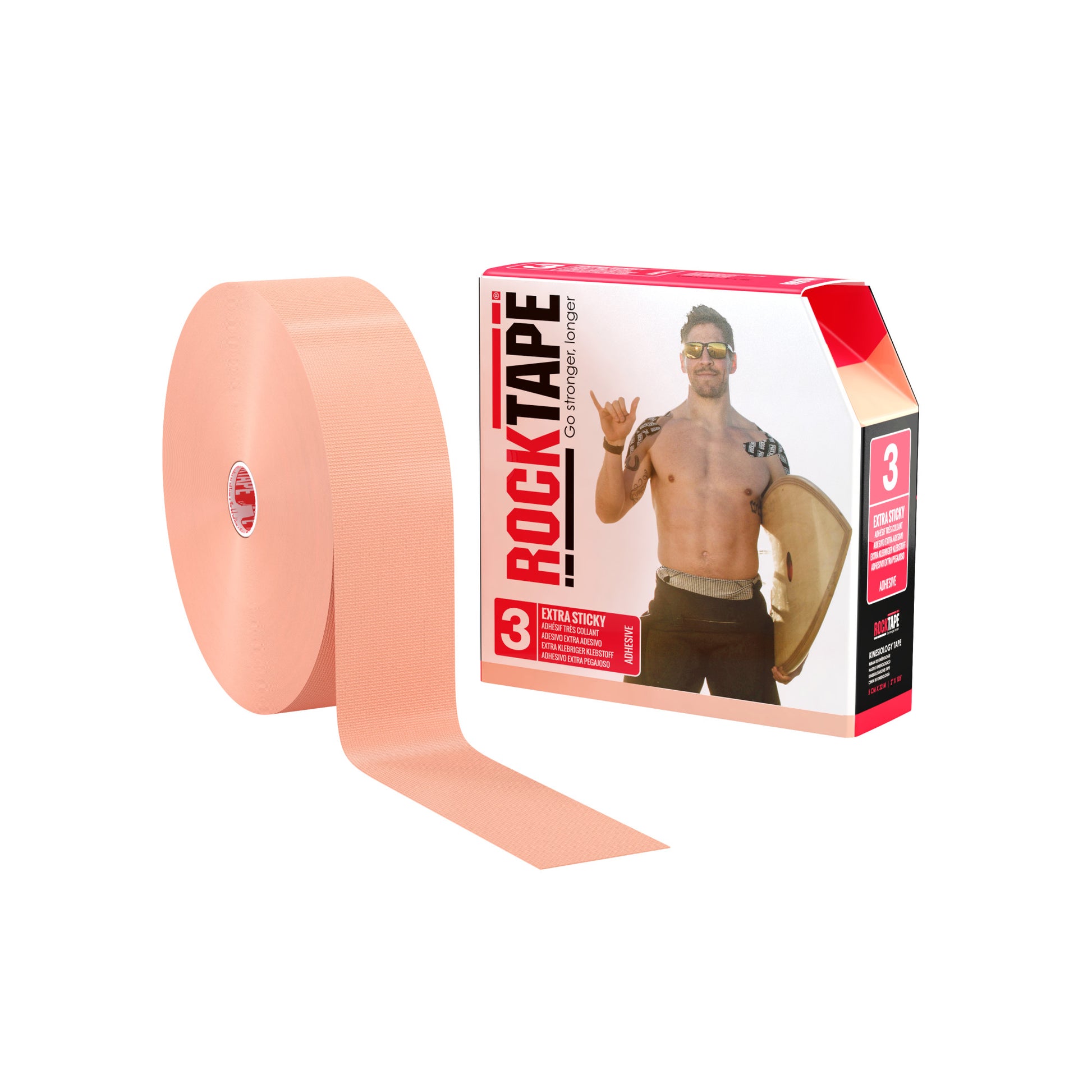 The sports tape is displayed next to its packaging featuring a man holding a surfboard nearby.
