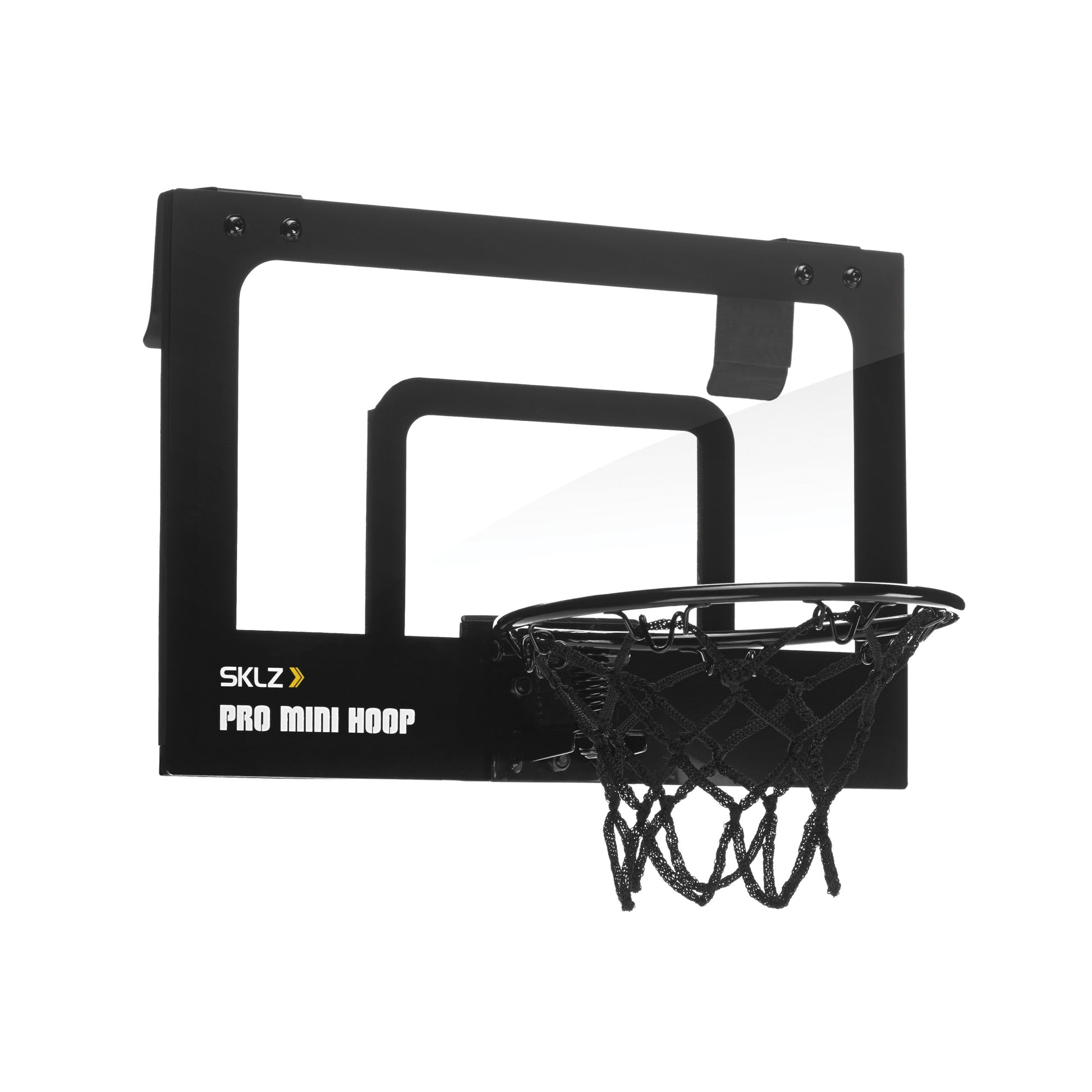 Mini basketball hoop attaches to wall for indoor play on a cardboard box background