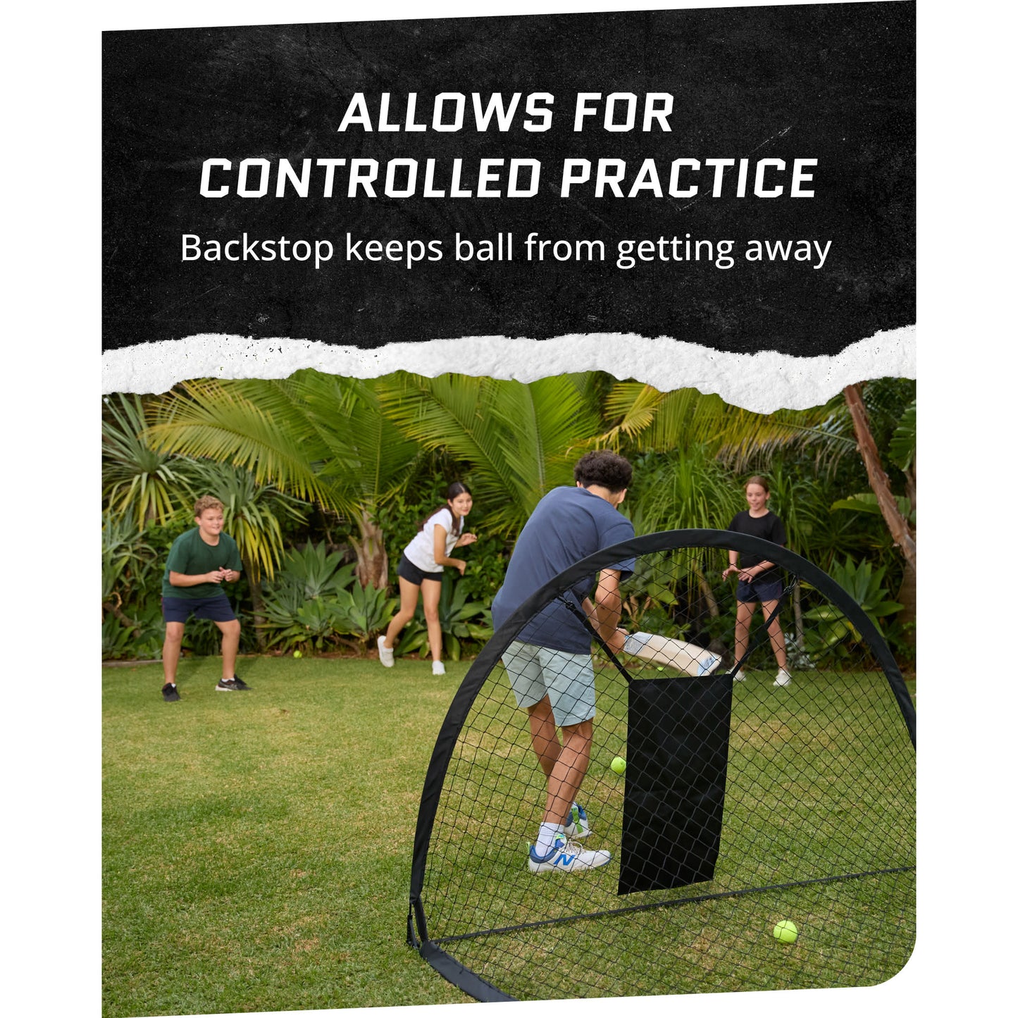 People practice tennis behind a portable net in a backyard with lush greenery