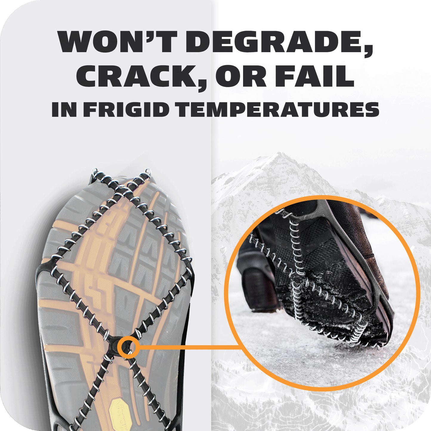 Toe crampon grips shoe sole for traction in cold snowy conditions.