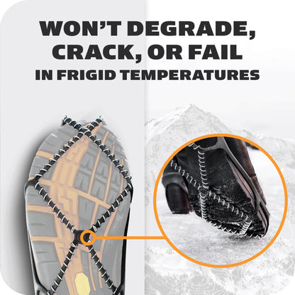 Toe crampon grips shoe sole for traction in cold snowy conditions.