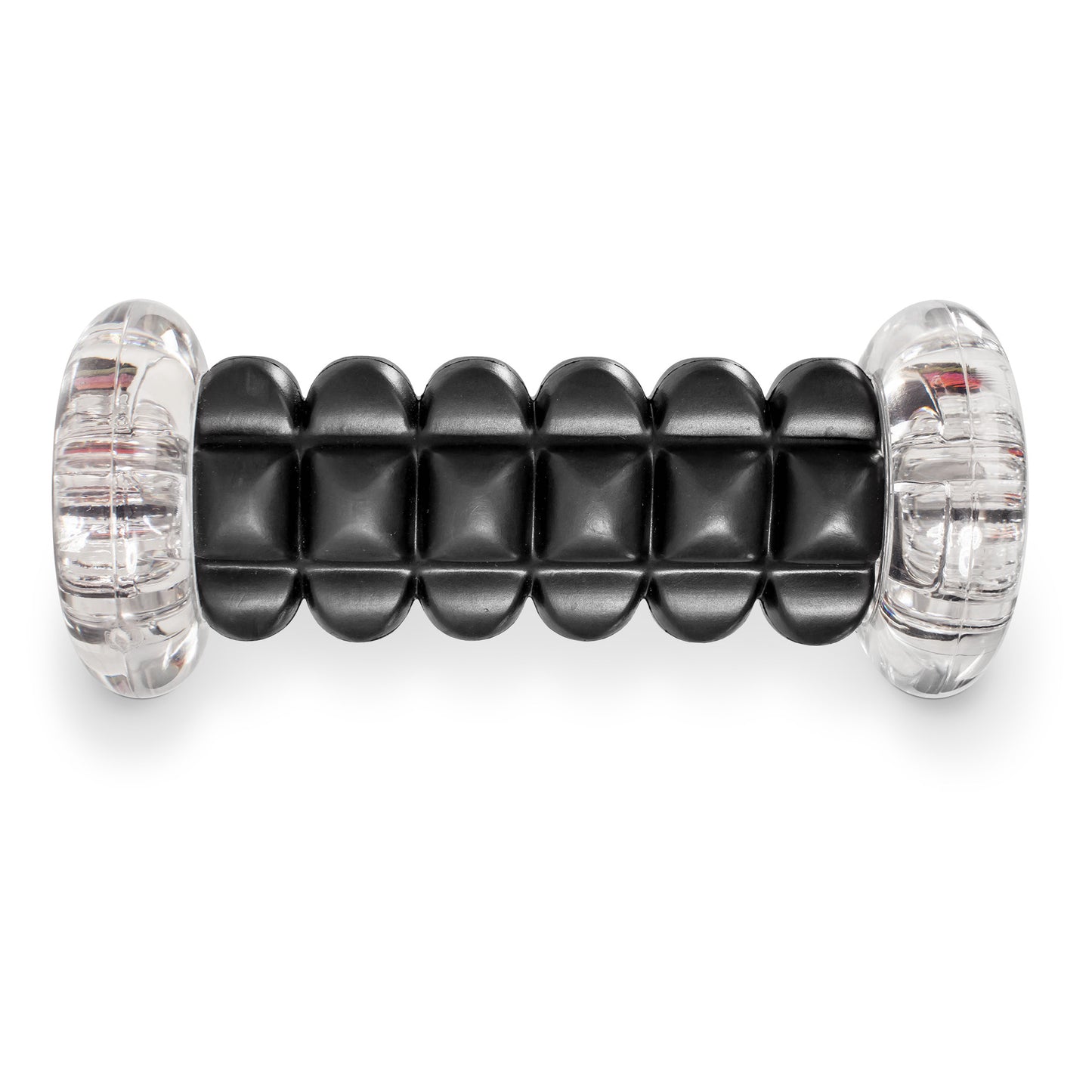 The massage roller is used to relieve muscle tension on a plain white surface