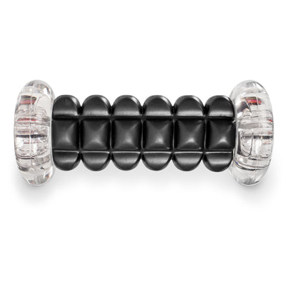 The massage roller is used to relieve muscle tension on a plain white surface