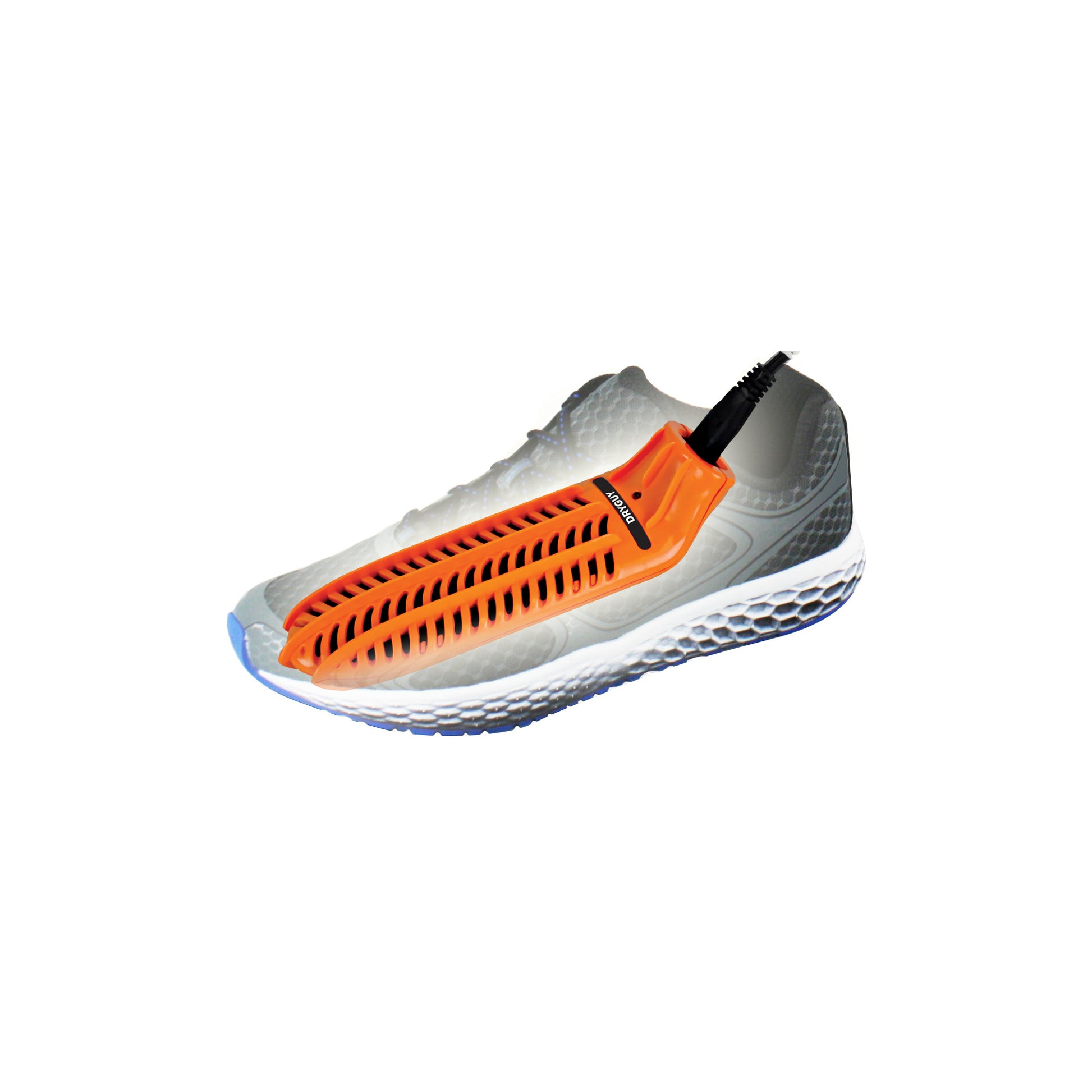 A running shoe with a foot device attached for heating or cooling on a white background.