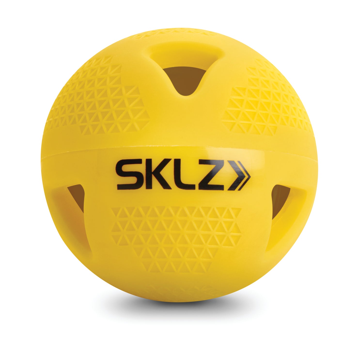 A yellow exercise ball with textured surface and SKLZ logo in a plain background