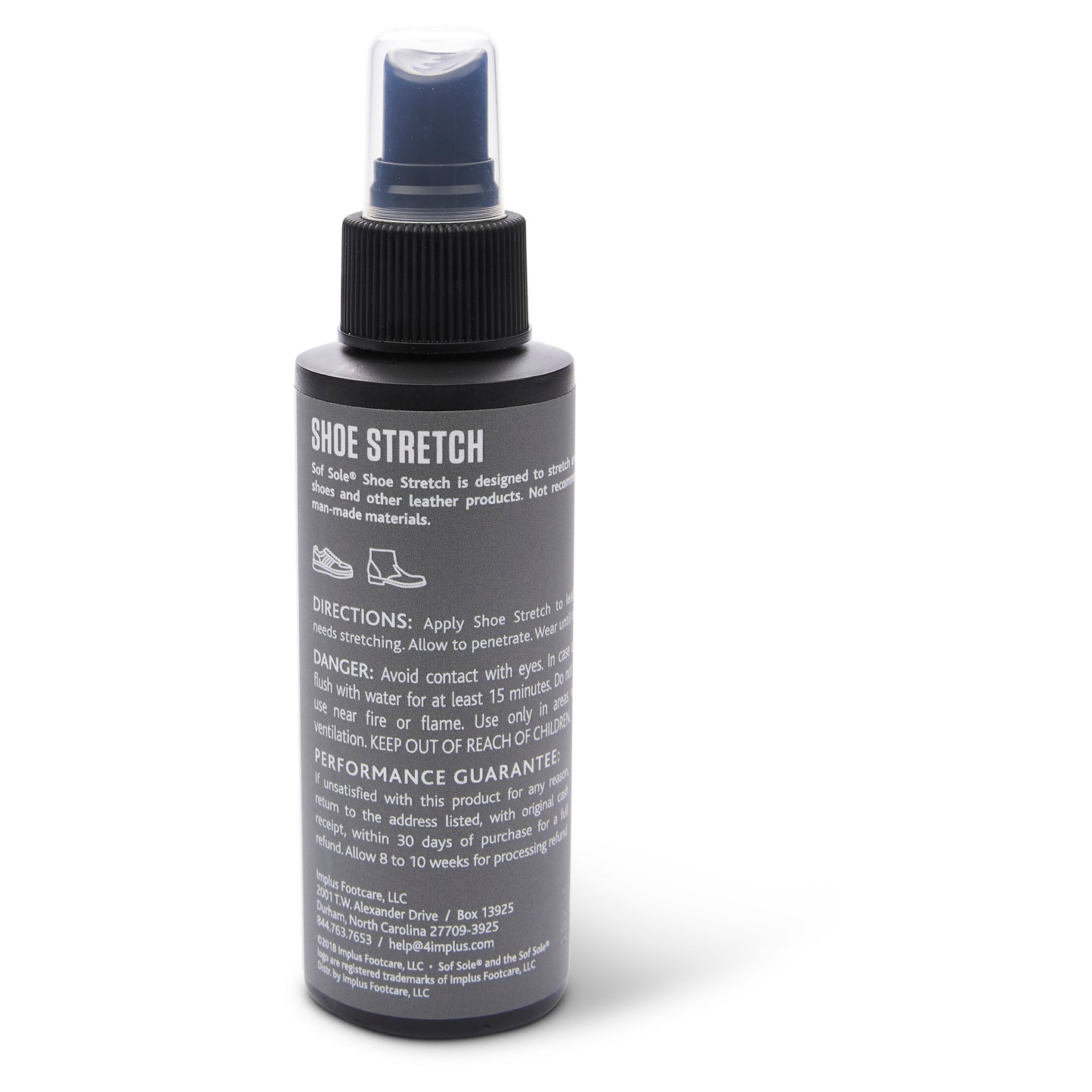 The bottle of shoe stretch spray is used to extend shoe fit in a retail environment.