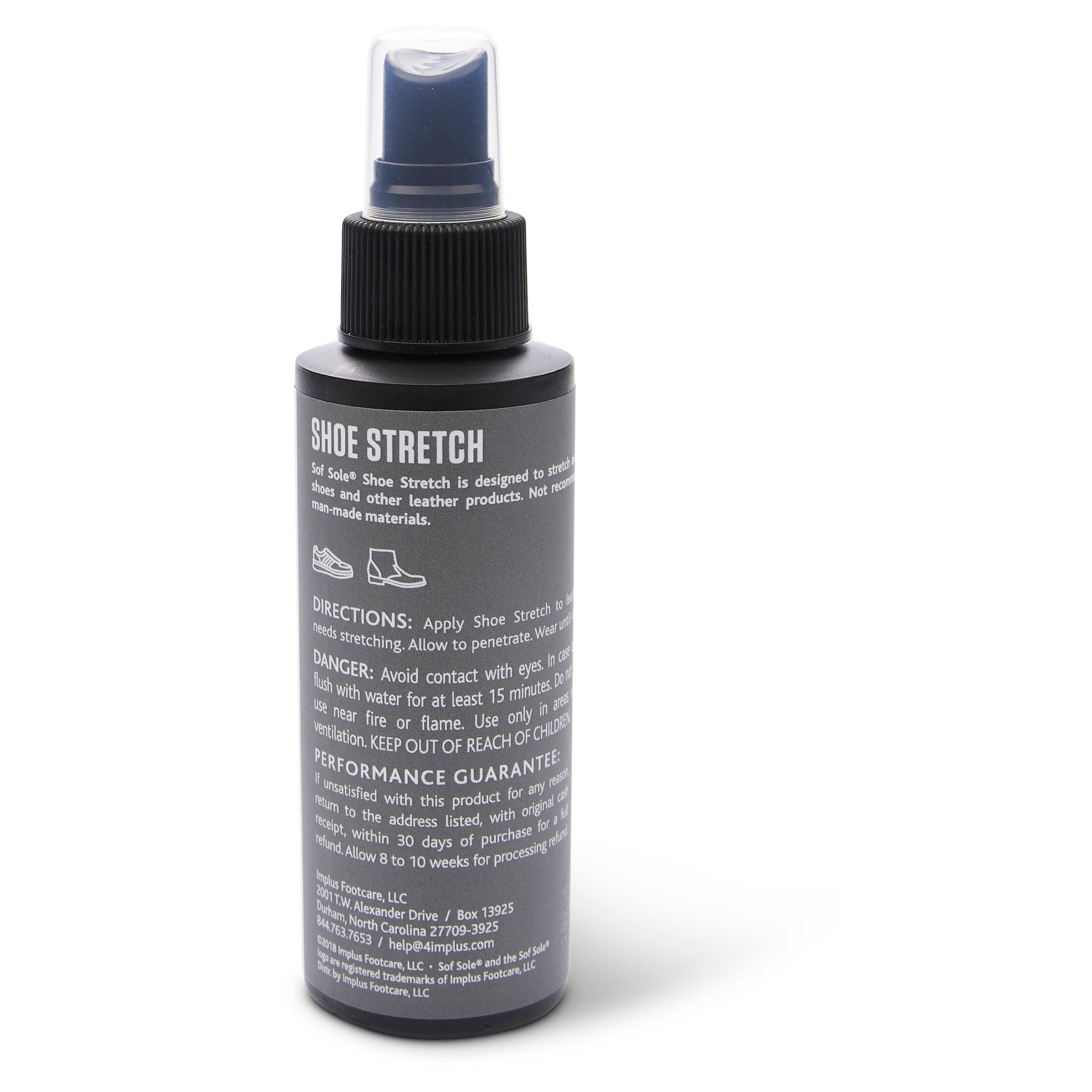 The bottle of shoe stretch spray is used to extend shoe fit in a retail environment.