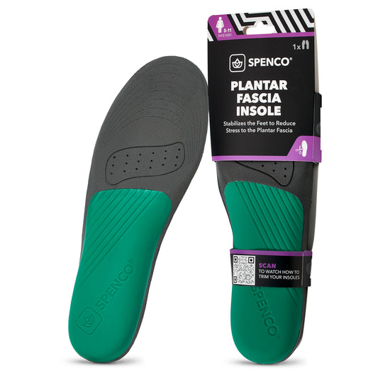 Insoles stabilize feet, featuring textured design; packaging highlights plantar fascia support details.