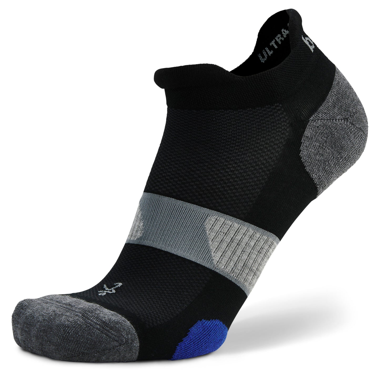 A black and gray athletic sock with cushioning designed for sports on a white background.