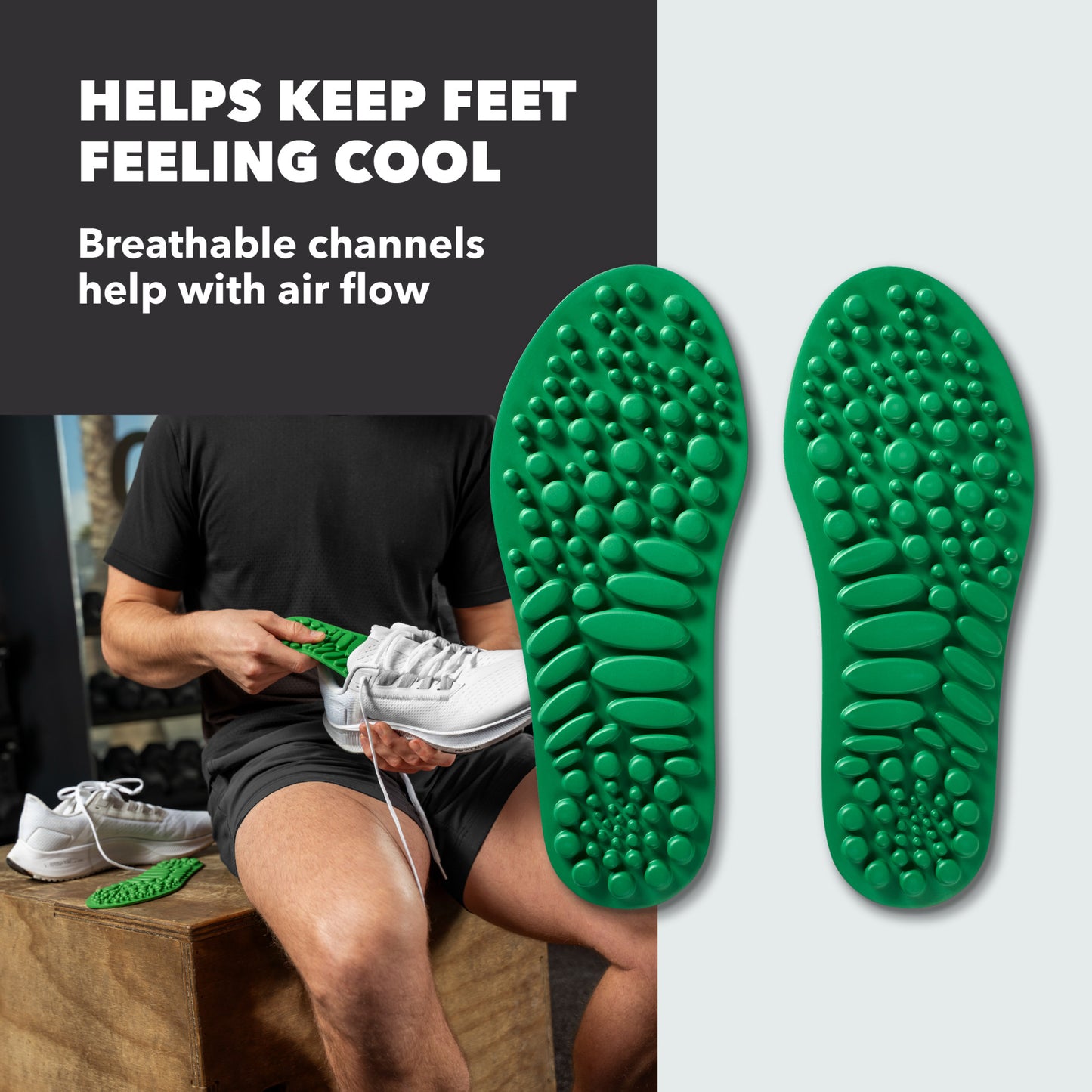 Green breathable shoe insoles help keep feet cool during sports activities.