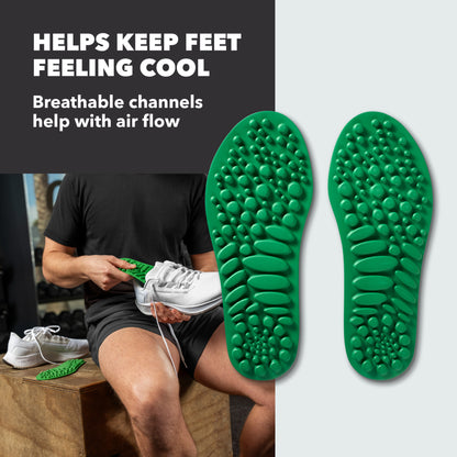 Green breathable shoe insoles help keep feet cool during sports activities.