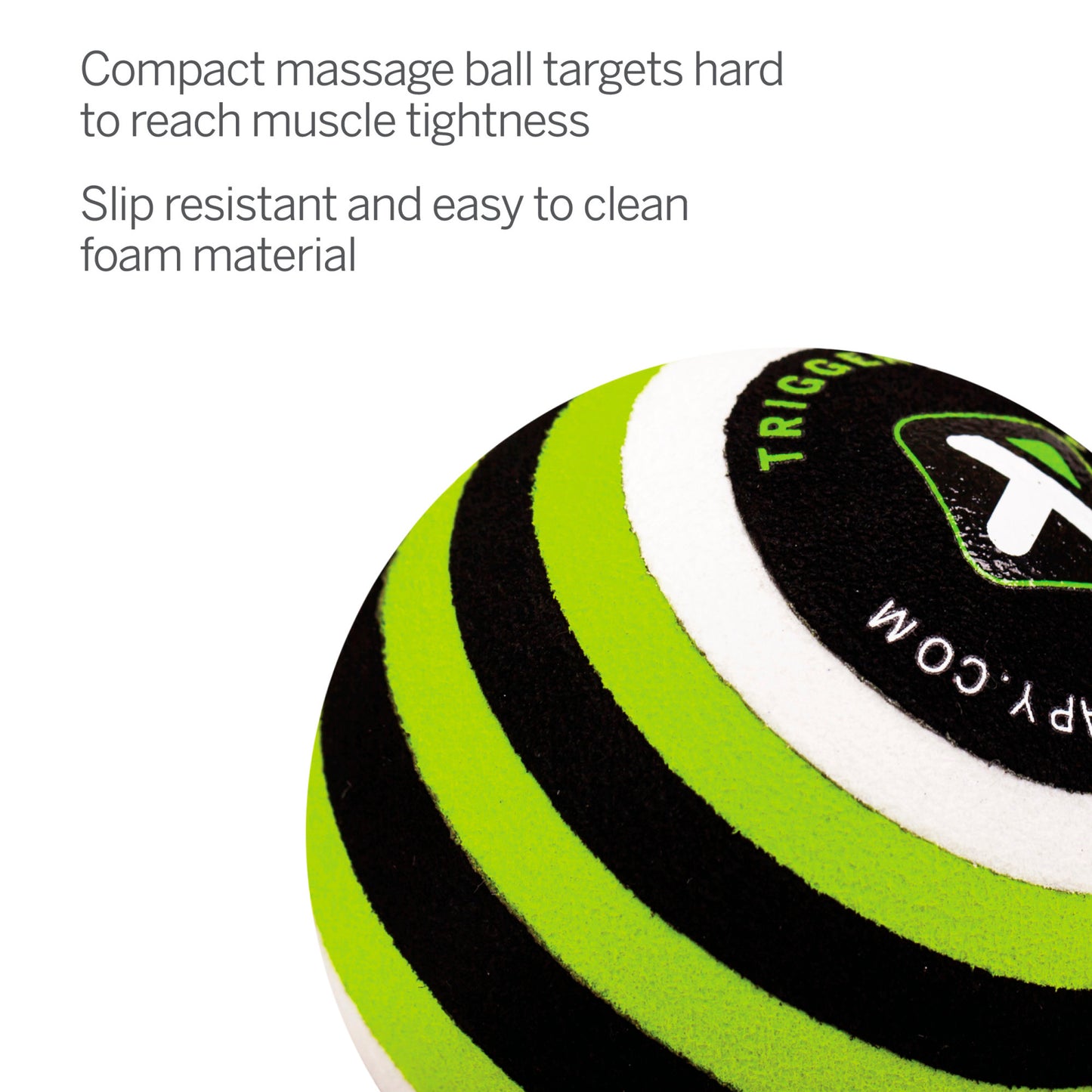 A foam massage ball targets muscle tightness in a white background setting.