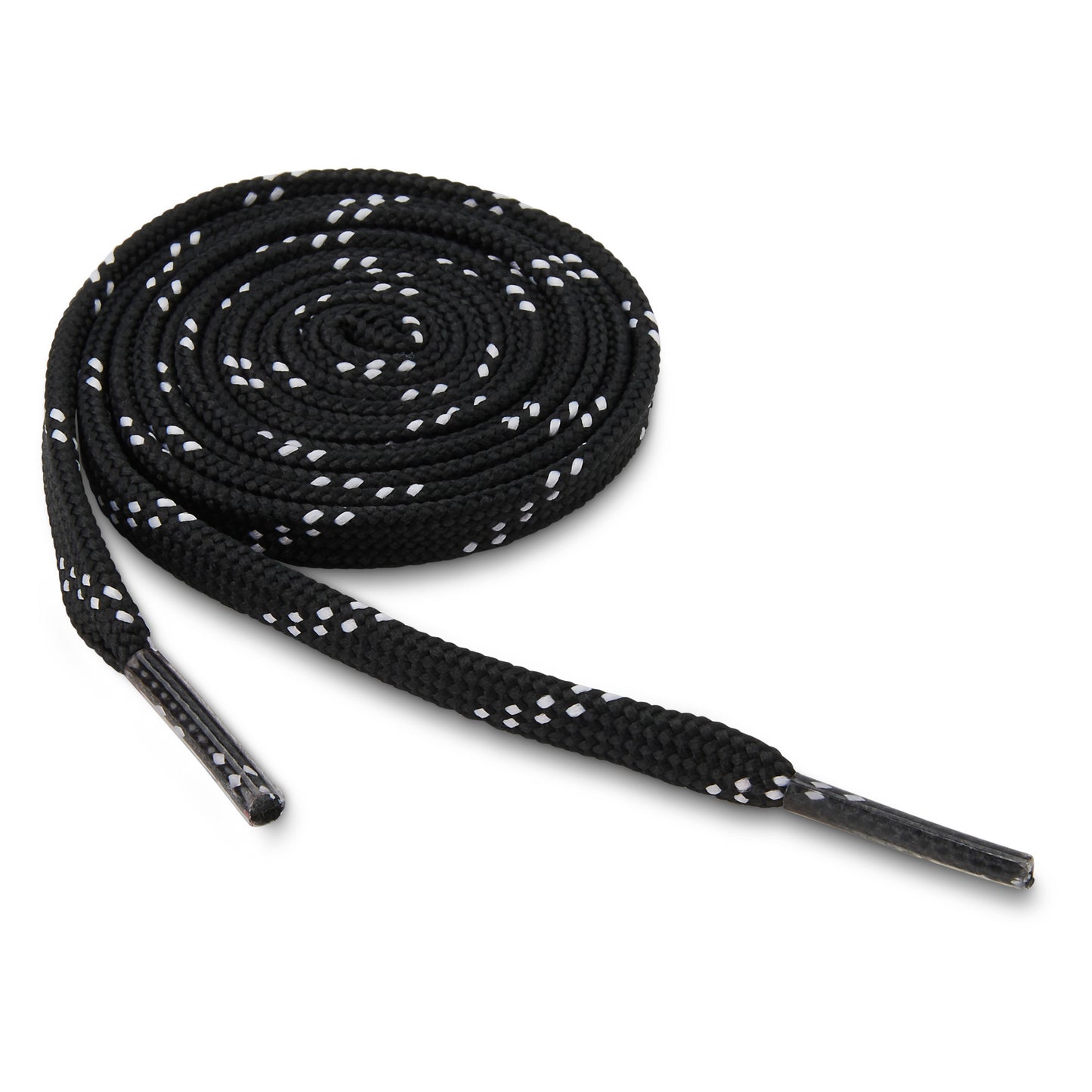A shoelace is coiled on a white background, ready for use or replacement.