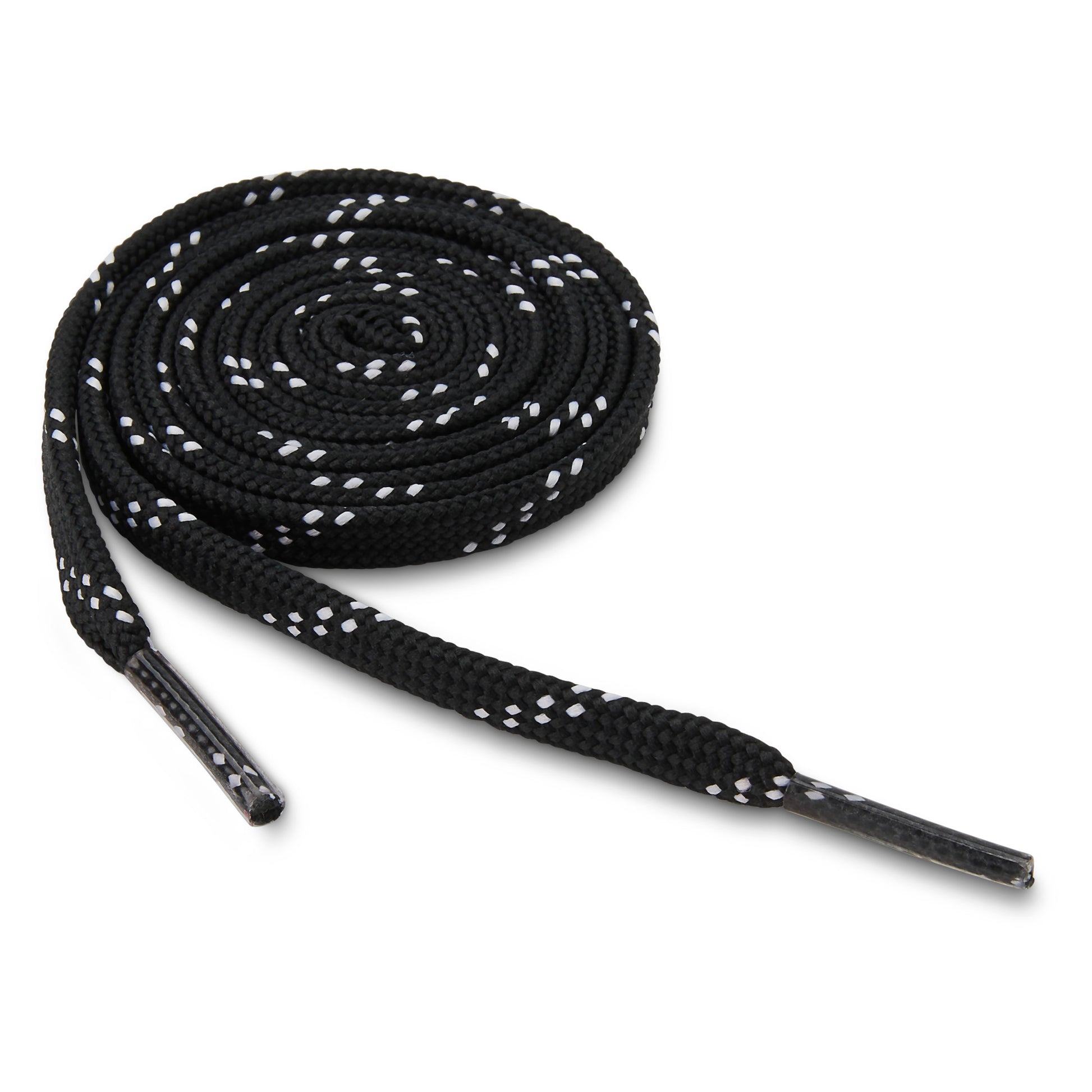 A shoelace is coiled on a white background, ready for use or replacement.